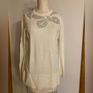 DG2 Diane Gilman Ivory White Sweater Sequin Bow-Shaped Design Festive Valentines